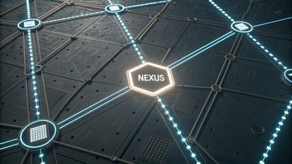 Glowing Digital Nexus Connected by Lines Across a Grid