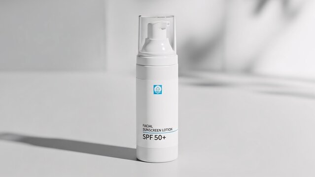Clean white bottle of SPF 50+ sunscreen on a light surface with soft shadows