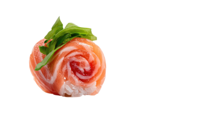 salmon sushi rose with fresh green realistic food photography isolated on white background