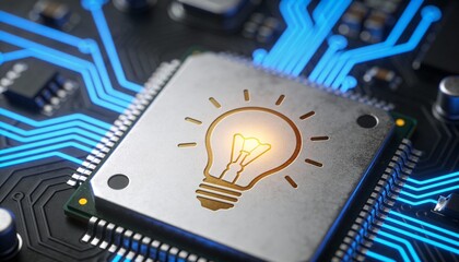 Smart innovation microchip concept video with glowing lightbulb symbol on processor, artificial intelligence creativity technology background, digital ideas, future computing