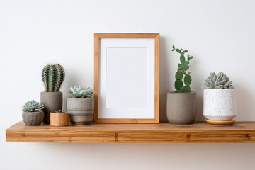 minimalist wood framed blank white photo frame surrounded by various potted succulent plants and cacti on a wooden shelf