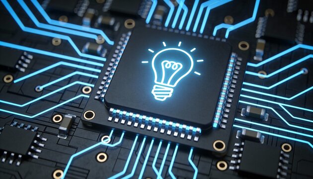 Smart innovation microchip concept video with glowing lightbulb symbol on processor, artificial intelligence creativity technology background, digital ideas, future computing - Powered by Adobe