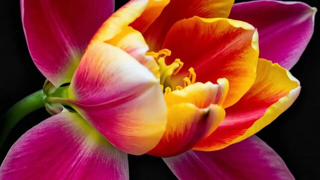 Close-up shot of a vibrant tulip flower with colorful petals against a dark background.