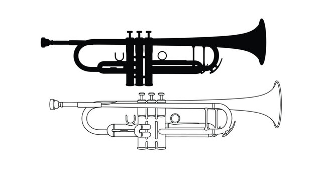 Detailed illustration of a trumpet and flugelhorn in black silhouette