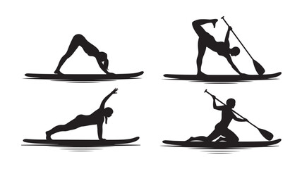 Yoga Paddleboarder Silhouettes Exercising on Water
