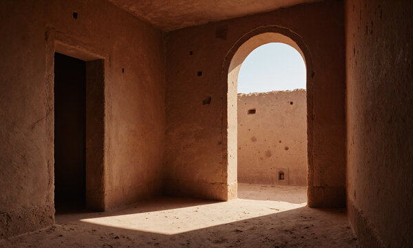 Desert Adobe Bedroom - Empty room with thick clay walls, terracotta floor, arched window letting in morning sunlight, captured from
