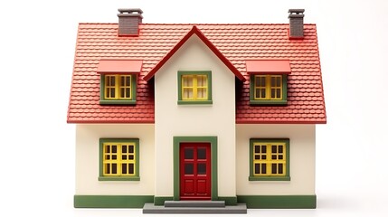 Charming miniature house with red roof and green trim on white background