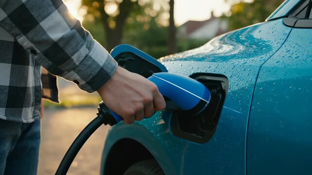 Person charges electric car plugging charger into blue vehicle at sunset. Driver connects EV charging cable to car port. Electric car charging at sunset. Person plugs charger into electric vehicle.
