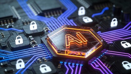 Artificial intelligence processor chip glowing on futuristic motherboard with neon digital circuits and ai core technology microchip concept for machine learning innovation