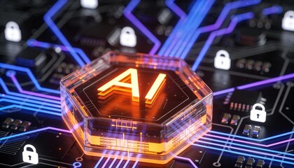 Artificial intelligence processor chip glowing on futuristic motherboard with neon digital circuits and ai core technology microchip concept for machine learning innovation