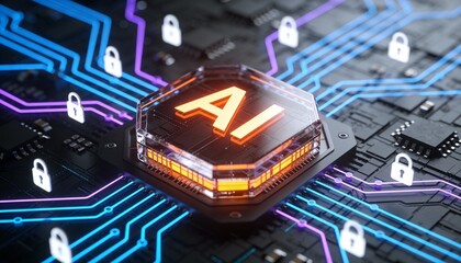 Artificial intelligence processor chip glowing on futuristic motherboard with neon digital circuits and ai core technology microchip concept for machine learning innovation