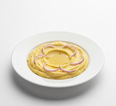Top view of Greek fava yellow split pea puree decorated with red onion rings and olive oil on white background.