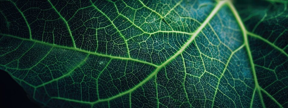 Close-up of green leaf with intricate veins and textures. Nature's beauty