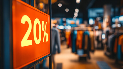 Discount shopping concept with 20 percent off sale sign in store