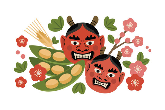 Japanese setsubun festival oni masks and soybeans