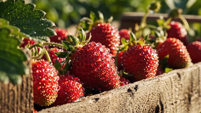 Dewdrops cling to plump, ripe strawberries nestled in a rustic wooden crate, showcasing summer harvest bounty.