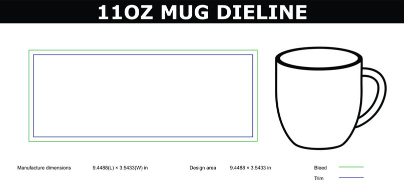 A technical illustration of a 11oz mug dyeline with design specifications