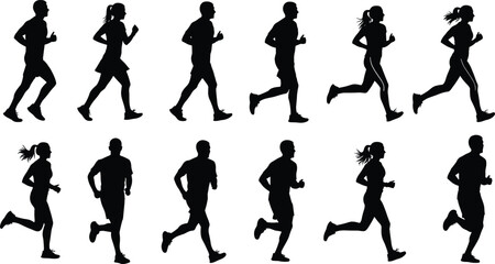 Obraz premium Running people silhouette set vector illustration, men women jogging poses collection, fitness exercise motion concept isolated white background sports training design graphic art template