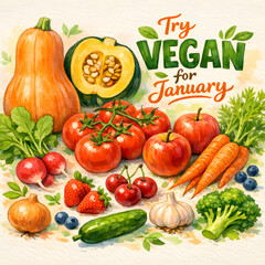 Try Vegan for January &ndash; Colorful Fresh Vegetables and Fruits. Vector Illustration, Minimalist Style, Editable Stroke, Healthy Eating Concept.