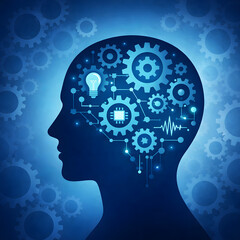 Brain with Gears and Lightbulb &ndash; Technology, AI, Innovation Concept. Vector Illustration, Minimalist, Editable Stroke, Blue Gradient on Dark Background.