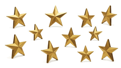 Obraz premium Golden stars on white background, shiny star shapes, decorative elements
