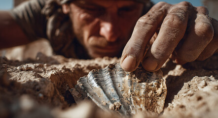 Archaeologist brushing dirt from ancient pottery shard in excavation trench. Realistic documentary style. Heritage, science and discovery concept. Museum exhibits, education materials, tourism guides