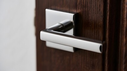 Sleek polished chrome door handle accentuating a rich dark wooden interior door, embodying modern architectural design and contemporary home aesthetics for residential or commercial spaces