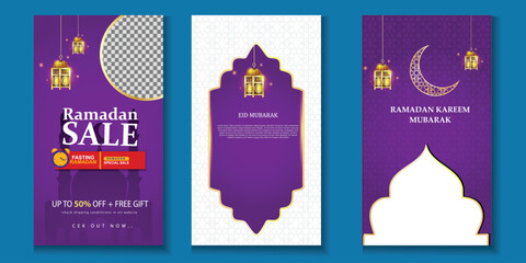 Obraz premium Vector Set of Social media Template Ramadan Story and Flyer Social Media Marketing element mosque, Lamp Suitable for Ramadan Promotion Media