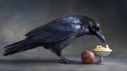 Obraz premium Black Raven Bends Over Apple and Pie in a Dark Textured Still Life Scene