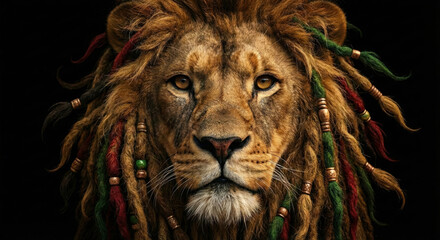 Naklejka premium Majestic Rasta Lion of Judah Portrait With Dreadlocks and Beads on Black Background