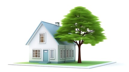 Charming white house with blue roof and tree on green lawn