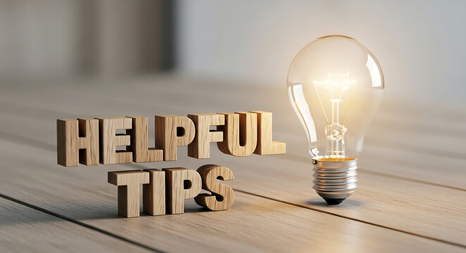 A glowing lightbulb on a wooden table with the words helpful tips nearby in a serene indoor setting