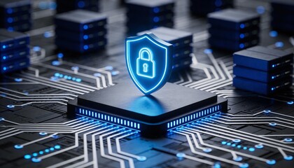 Cybersecurity digital shield glowing on network data background protecting information system in futuristic server room technology security concept