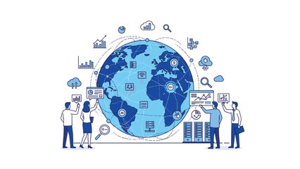 Diverse professionals collaborate around a large globe surrounded by interconnected data icons, symbolizing global data analysis and international business networks.