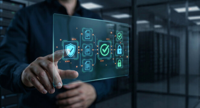 Man interacting with cybersecurity interface in a server room - Powered by Adobe