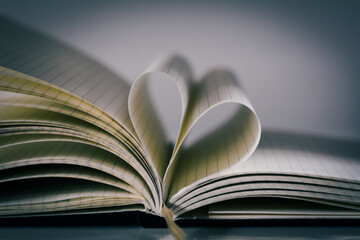 Open note book with two heart shaped pages isolated with copy space