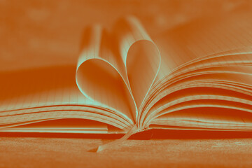 Open note book with two heart shaped pages isolated with copy space