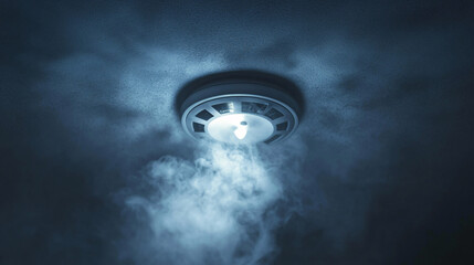 A smoke detector alarm blinking red in a dark, smoky room