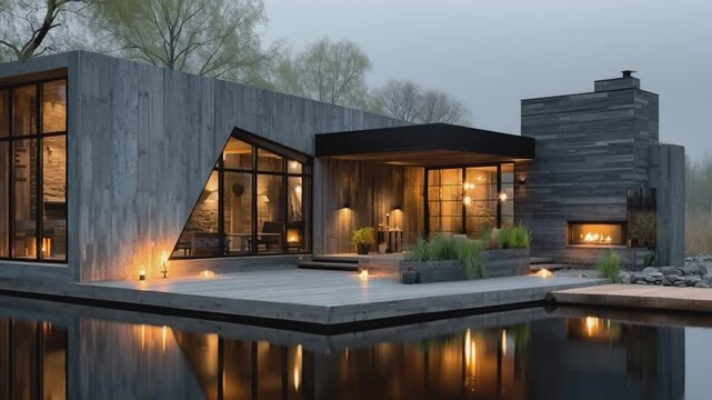 Modern Lakeside Retreat: An architectural marvel, this sleek, contemporary house nestles gracefully by tranquil water, embodying modern design with its clean lines, expansive glass.