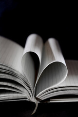 Open note book with two heart shaped pages isolated with copy space