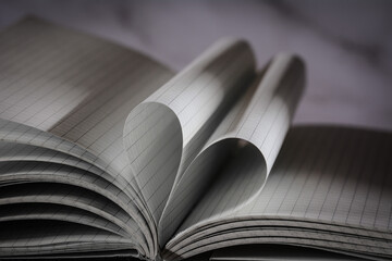 Open note book with two heart shaped pages isolated with copy space