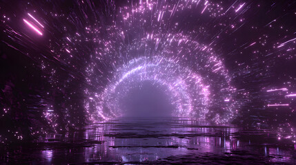 Abstract futuristic tunnel of glowing purple particles forming a dynamic digital background.