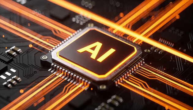 AI processor futuristic chip glowing technology animation showcasing advanced artificial intelligence hardware power data speed innovation digital circuit - Powered by Adobe