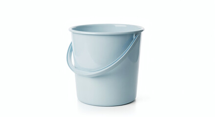A pale blue, empty bucket with a curved handle stands isolated against a clean white backdrop, creating a simple composition