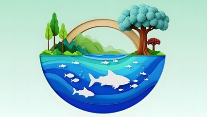 Fototapeta premium Vibrant illustration of an ecosystem with ocean fish and terrestrial life under a rainbow