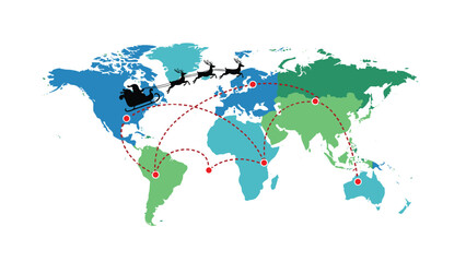 Fototapeta premium A colorful world map illustrates Santa Claus and his reindeer traveling along a dotted red path, symbolizing global Christmas gift delivery routes.