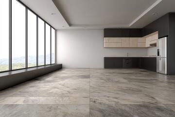 Fototapeta premium Modern kitchen with large windows and natural light showcases expansive flooring.