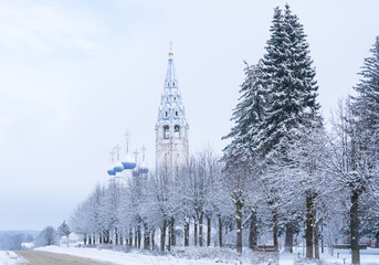 Winter view of the Holy Cross Cathedral in Palekh, Ivanovo region. 