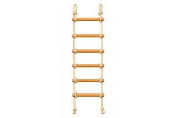 Rope ladder hanging with wooden rungs, symbolizing progress, challenge, success, and upward movement on transparent background