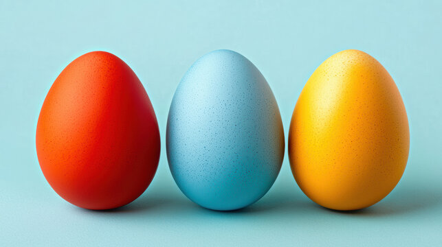 Three vibrant Easter eggs in a row, colored in red, blue, and yellow, sit against a light blue background, creating a simple and cheerful sp scene.